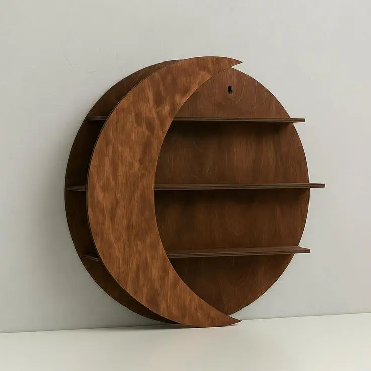 Moon wall shelf, Wood moon shelf, Round wall shelf, Crystal shelf, Unique wall shelf, Curio shelf wall, Witchy shelf, Crescent moon shelf.webp